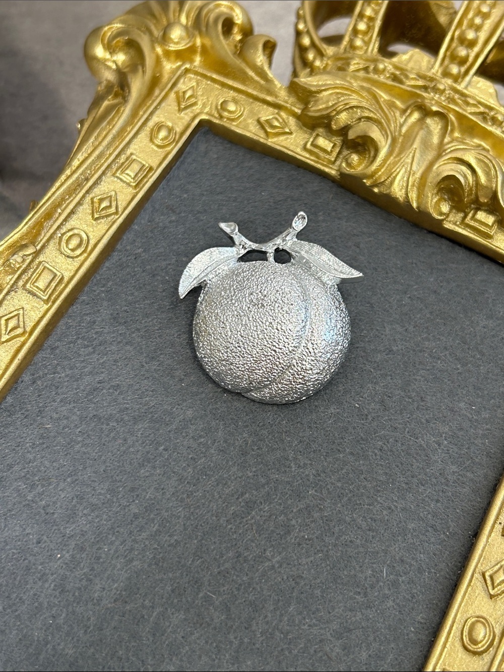 Vintage Silver Textured Fruit Brooch with Leaves
